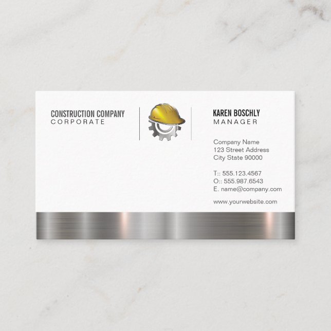 Construction Hardhat Metallic Gear Logo Business Card (Front)