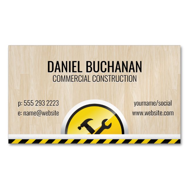 Construction Hardware Tools | Wood Background Business Card Magnet (Front)