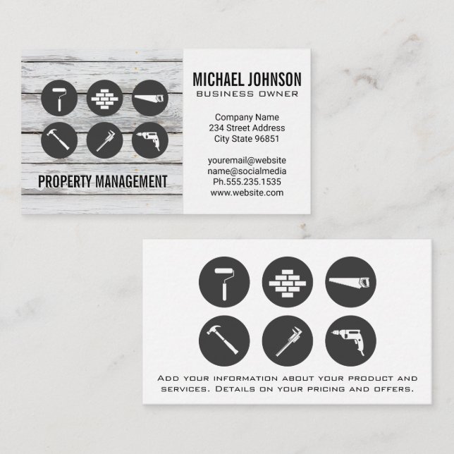 Construction Icons | Wood Carpentry Business Card (Front/Back)