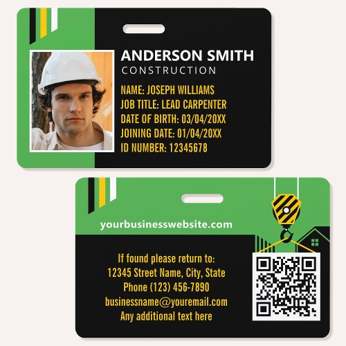Construction ID Work QR Code Green Black Custom Badge