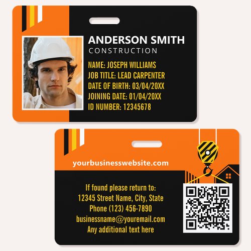 Construction ID Work QR Code Orange Black Custom Badge