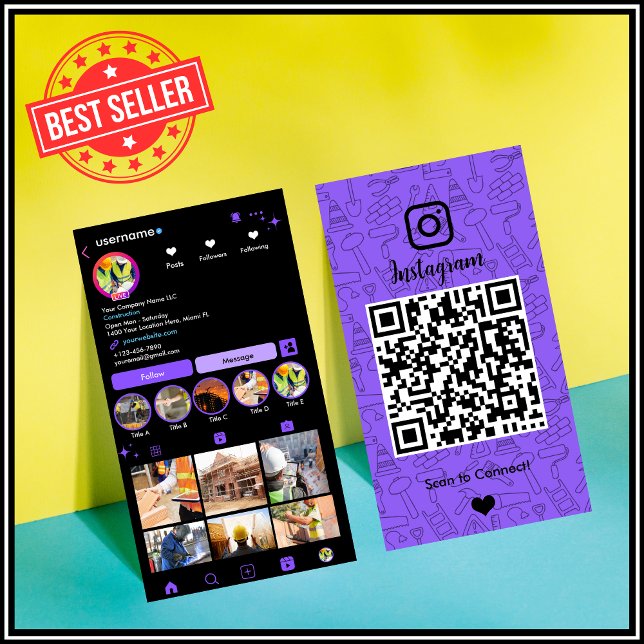 Construction Instagram Purple | QR Code Business Card (Creator Uploaded)