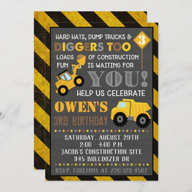 Construction Invitation Boy Birthday Party (Front/Back)