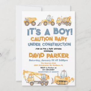 Construction It's a Boy Dump Truck Party Invitation