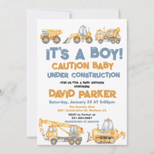 Construction Its a Boy Dump Truck Party Invitation