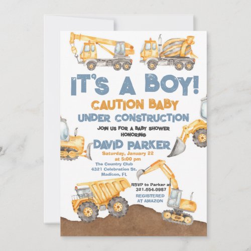 Construction Its a Boy Dump Truck Party Invitation