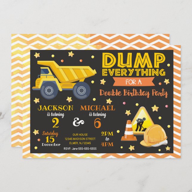 Construction Joint Birthday Invitation Siblings (Front/Back)