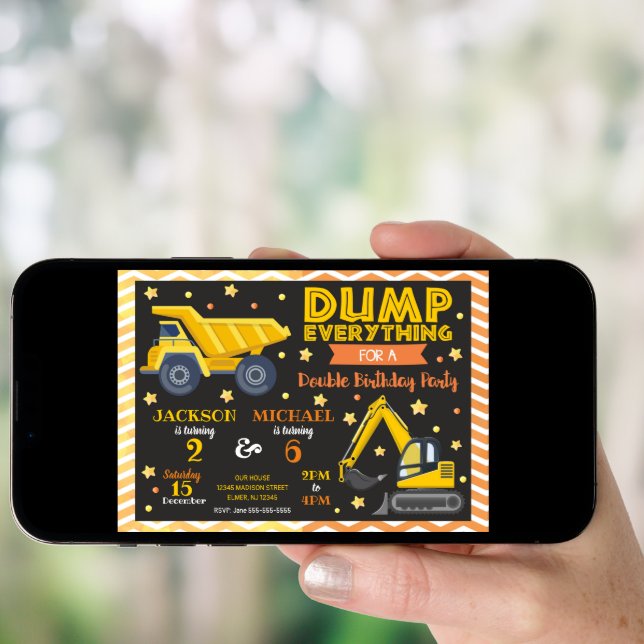 Construction Joint Birthday Invitation Siblings (Front Digital)