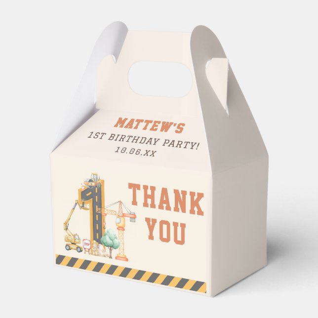 Construction Kids 1st Birthday Party Favor Boxes (Front Side)