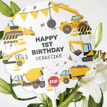 Construction Kids Birthday Party Balloon<br><div class="desc">Kids construction birthday party balloon featuring a simple white background,  with cute cartoon illustrations of bunting,  stop signs,  a dump truck,  a digger,  a cement truck,  a wrecking ball crane,  splatters of dirt,  and a happy birthday template that is easy to personalize.</div>