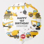 Construction Kids Birthday Party Balloon<br><div class="desc">Kids construction birthday party balloon featuring a simple white background,  with cute cartoon illustrations of bunting,  stop signs,  a dump truck,  a digger,  a cement truck,  a wrecking ball crane,  splatters of dirt,  and a happy birthday template that is easy to personalize.</div>