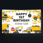 Construction Kids Birthday Party Banner<br><div class="desc">Construction themed birthday banner featuring a simple white background,  with cute cartoon illustrations of bunting,  stop signs,  a dump truck,  a digger,  a cement truck,  a wrecking ball crane,  splatters of dirt,  and a happy birthday template that is easy to personalize.</div>