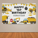 Construction Kids Birthday Party Banner<br><div class="desc">Construction themed birthday banner featuring a simple white background,  with cute cartoon illustrations of bunting,  stop signs,  a dump truck,  a digger,  a cement truck,  a wrecking ball crane,  splatters of dirt,  and a happy birthday template that is easy to personalize.</div>