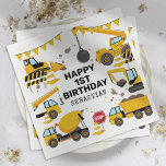 Construction Kids Birthday Party Napkins<br><div class="desc">Kids construction birthday party napkins featuring a simple white background,  with cute cartoon illustrations of bunting,  stop signs,  a dump truck,  a digger,  a cement truck,  a wrecking ball crane,  splatters of dirt,  and a happy birthday template that is easy to personalize.</div>