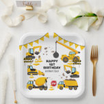 Construction Kids Birthday Party Paper Plates<br><div class="desc">Kids construction birthday party paper plates featuring a simple white background,  with cute cartoon illustrations of bunting,  stop signs,  a dump truck,  a digger,  a cement truck,  a wrecking ball crane,  splatters of dirt,  and a happy birthday template that is easy to personalize.</div>