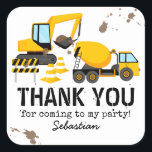 Construction Kids Birthday Party Thank You Square Sticker<br><div class="desc">Kids construction birthday thank you stickers featuring a simple white background,  with cute cartoon illustrations of a digger,  a cement truck,  traffic cones,  splatters of dirt,  and a thank you template that is easy to personalize.</div>