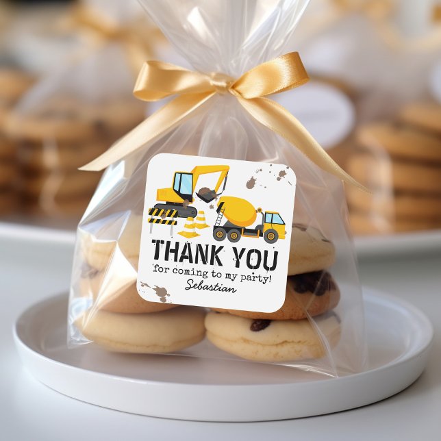 Construction Kids Birthday Party Thank You Square Sticker (Creator Uploaded)