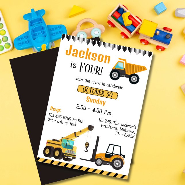 Construction kids dump truck crane 4th birthday invitation (Creator Uploaded)