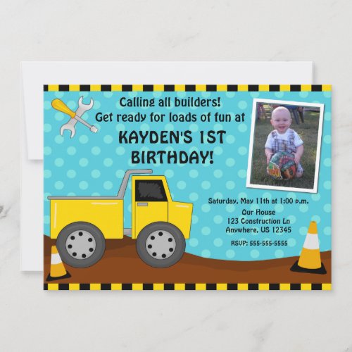 Construction Kids Photo Birthday Invitation