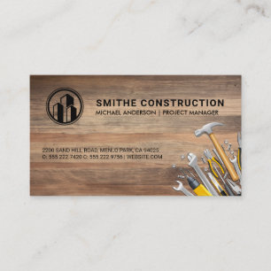 Construction Logo Hand Tools Wood Background Business Card