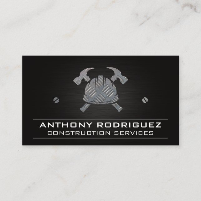 Construction Logo | Hard Hat | Hammers | Steel Business Card (Front)