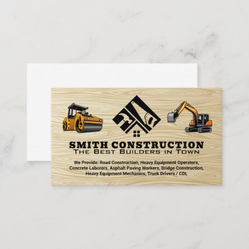 Construction Logo  Heavy Machinery  Wood Grain Business Card