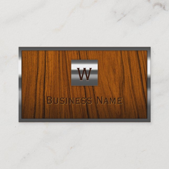 Construction Metal Border Monogram Wood Business Card (Front)