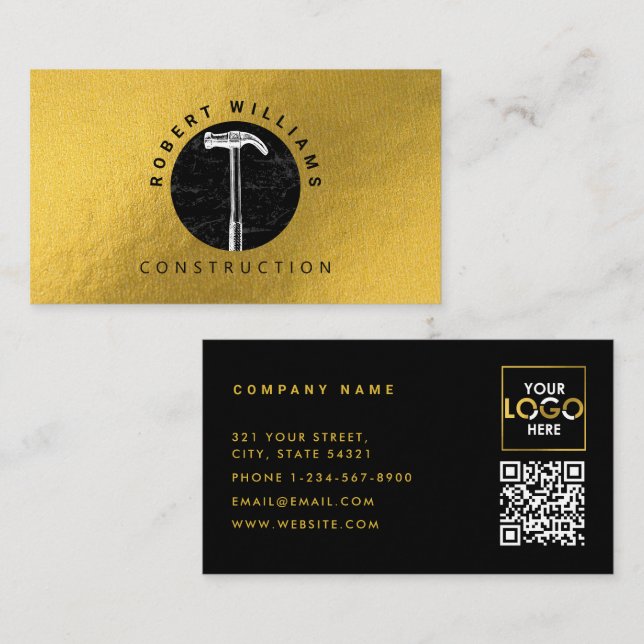 Construction Metal QR Code Black Metallic Gold Business Card (Front/Back)