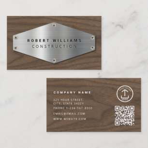 Construction Metal QR Code Metallic Silver Wood Business Card