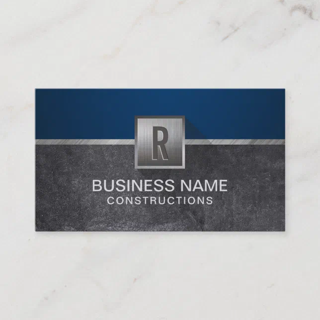 Construction Metallic Monogram Modern Navy Blue Business Card | Zazzle