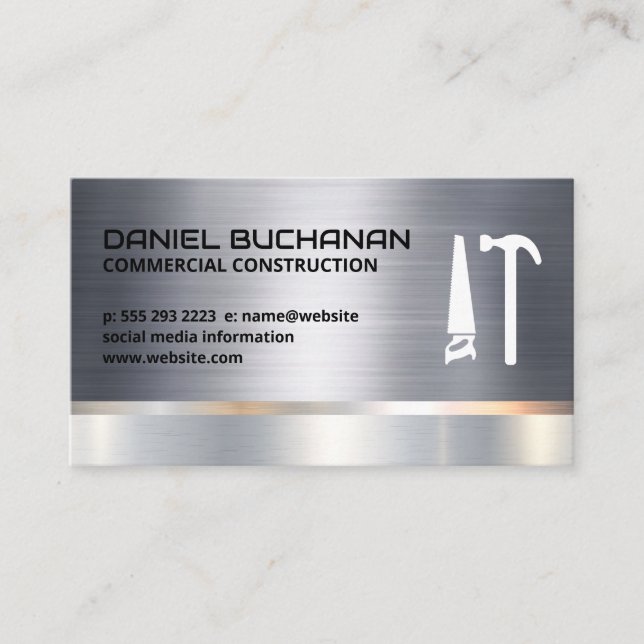 Construction | Metallic | Saw Hammer Logo Business Card (Front)