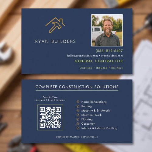 Construction Modern Navy Blue Gold Logo Business Card
