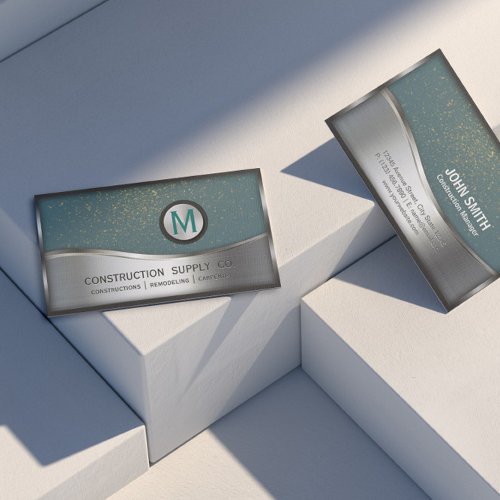 Construction Monogram LOGO Silver Metal Turquoise Business Card