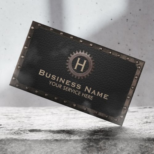 Construction Monogram Metal Framed Dark Leather Business Card