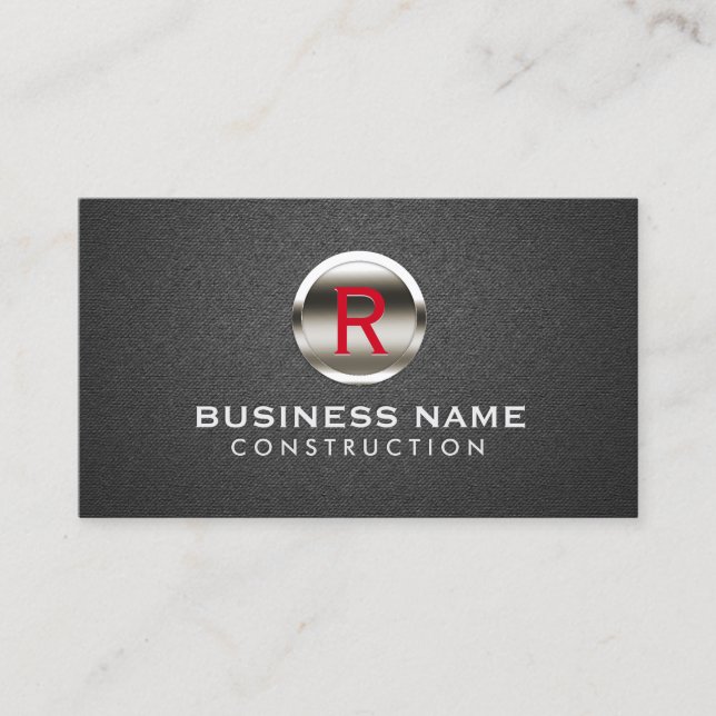 Construction Monogram Modern Black Leather Business Card (Front)