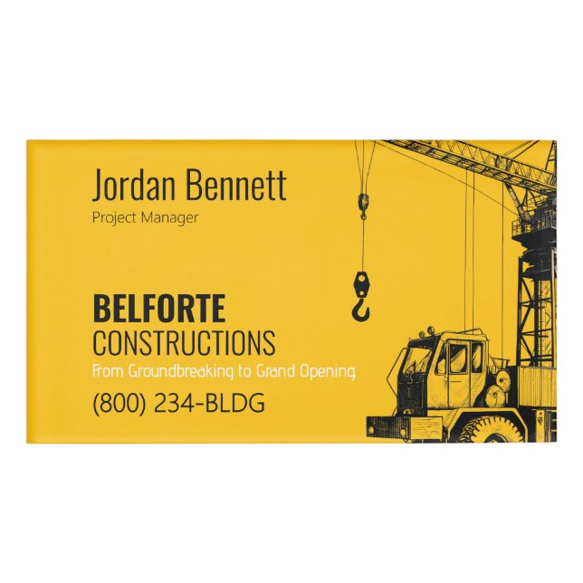 Construction Name Tag, Yellow & Black Crane Design Tag (Front)