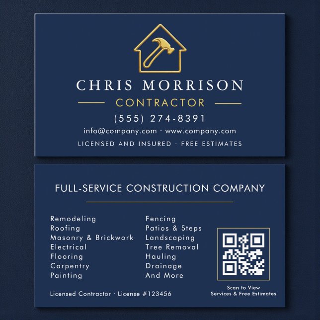 Construction Navy Blue Metallic Gold QR Code Business Card (Creator Uploaded)