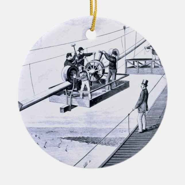 Construction of Brooklyn Bridge, New York (litho) Ceramic Ornament (Front)