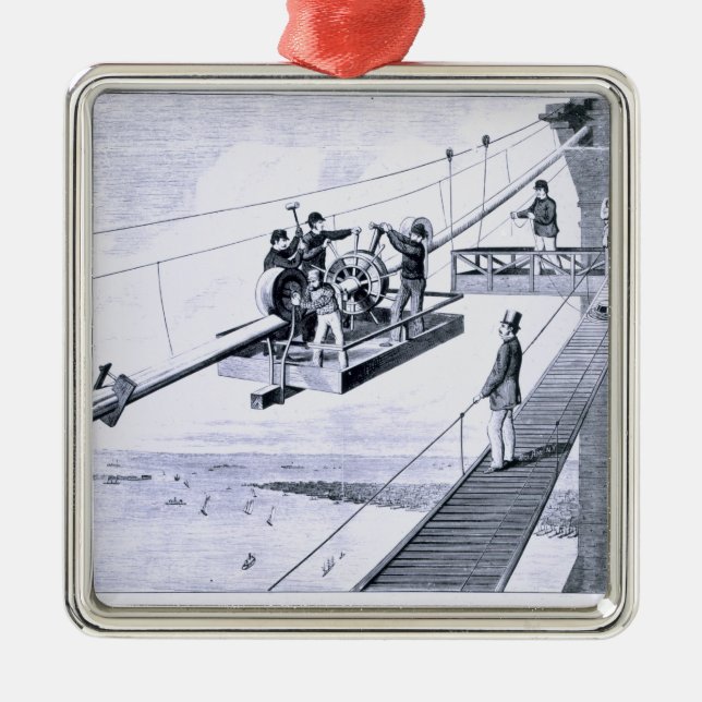 Construction of Brooklyn Bridge, New York (litho) Metal Ornament (Front)