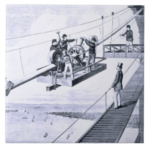 Construction of Brooklyn Bridge, New York (litho) Tile