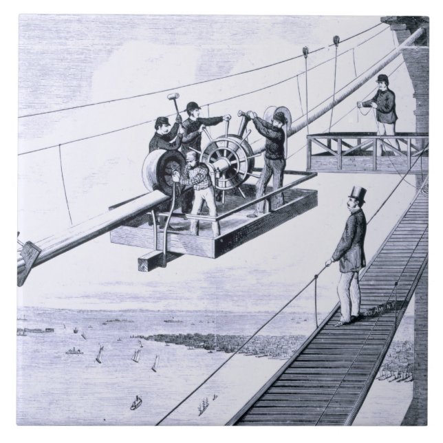 Construction of Brooklyn Bridge, New York (litho) Tile (Front)