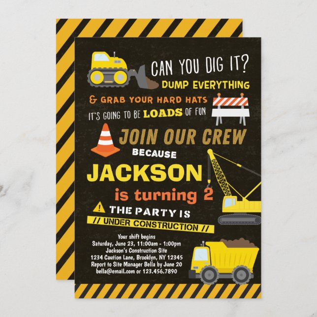 Construction Party Boys Dump Truck 2nd Birthday Invitation (Front/Back)