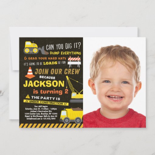 Construction Party Boys Dump Truck Photo Birthday Invitation | Zazzle