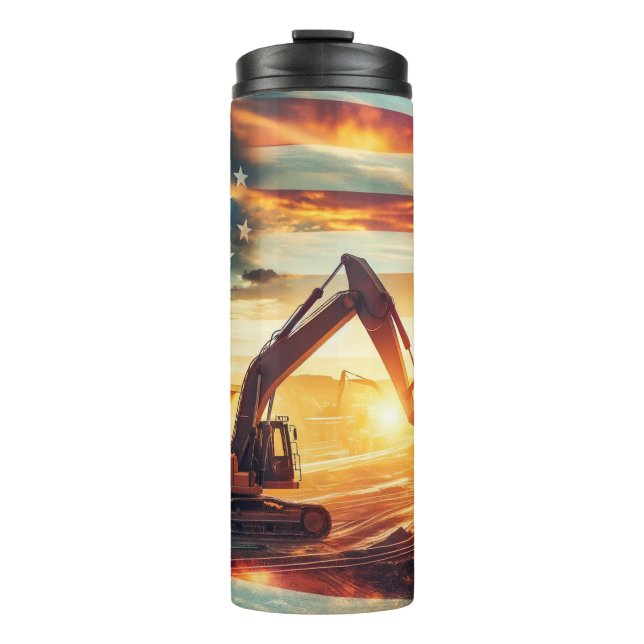 Construction Patriotic Flag Backhoe  Thermal Tumbler (Front)