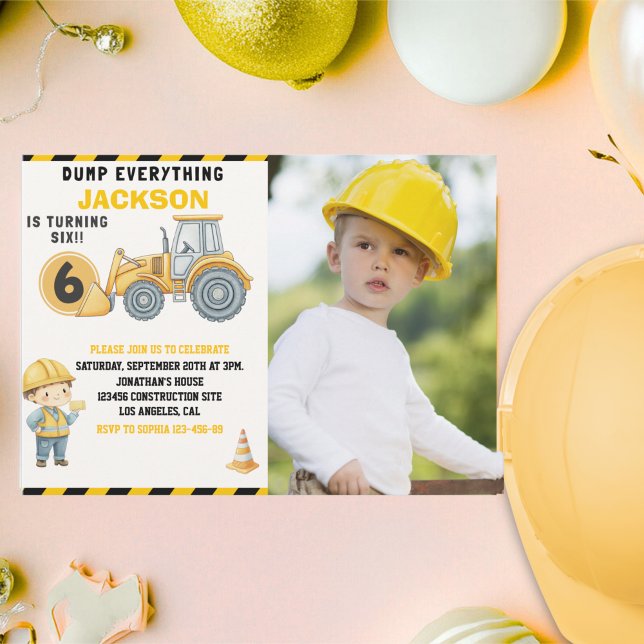 Construction Photo Birthday Turning 6 yellow Invitation (Creator Uploaded)