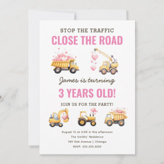 Construction Pink Truck Heart Birthday Invitation