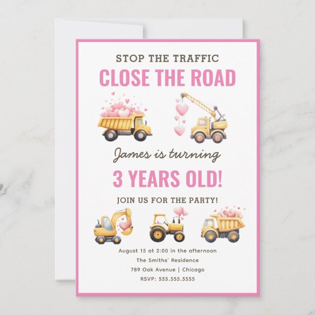 Construction Pink Truck Heart Birthday Invitation (Front)
