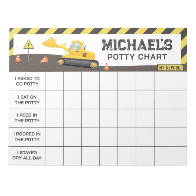 Construction Potty Chart Personalized Name & Tasks Notepad (Front)