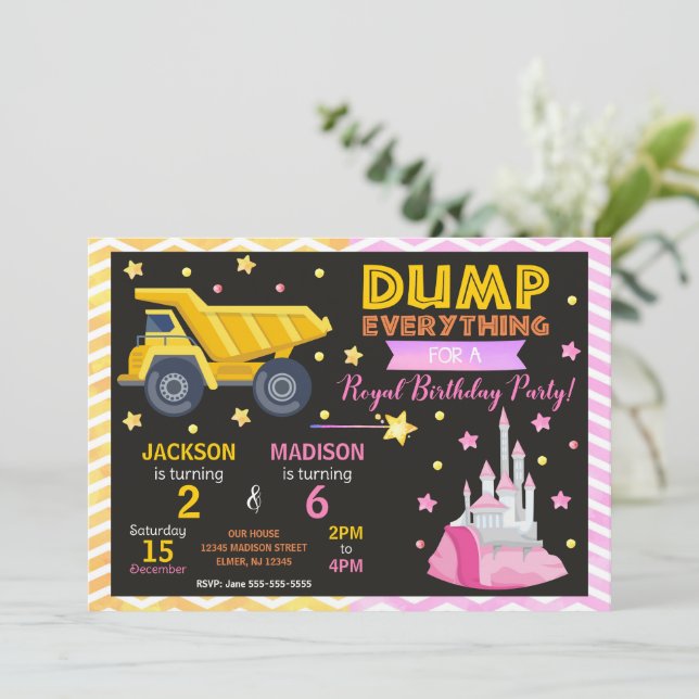 Construction & Princess Joint Birthday Invitation (Standing Front)