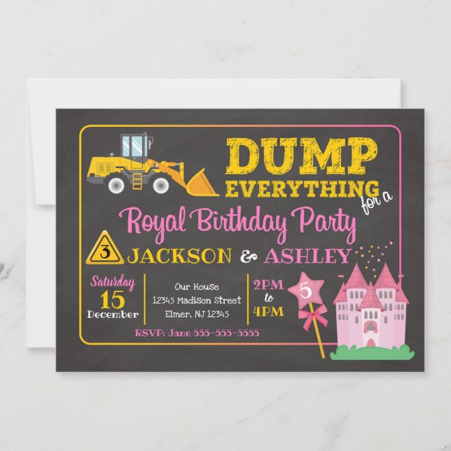 Construction & Princess Joint Birthday Invitation (Front)
